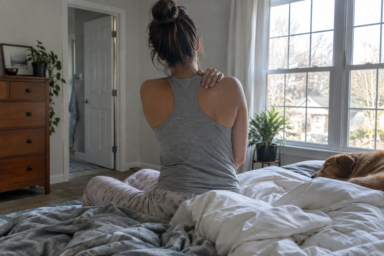 Adult sitting on a bed and touching a shoulder after waking.