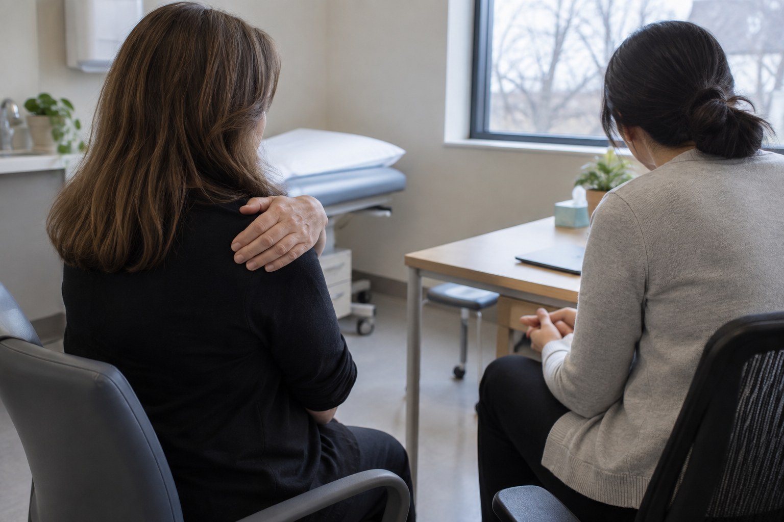 Clinician and patient discuss shoulder discomfort.