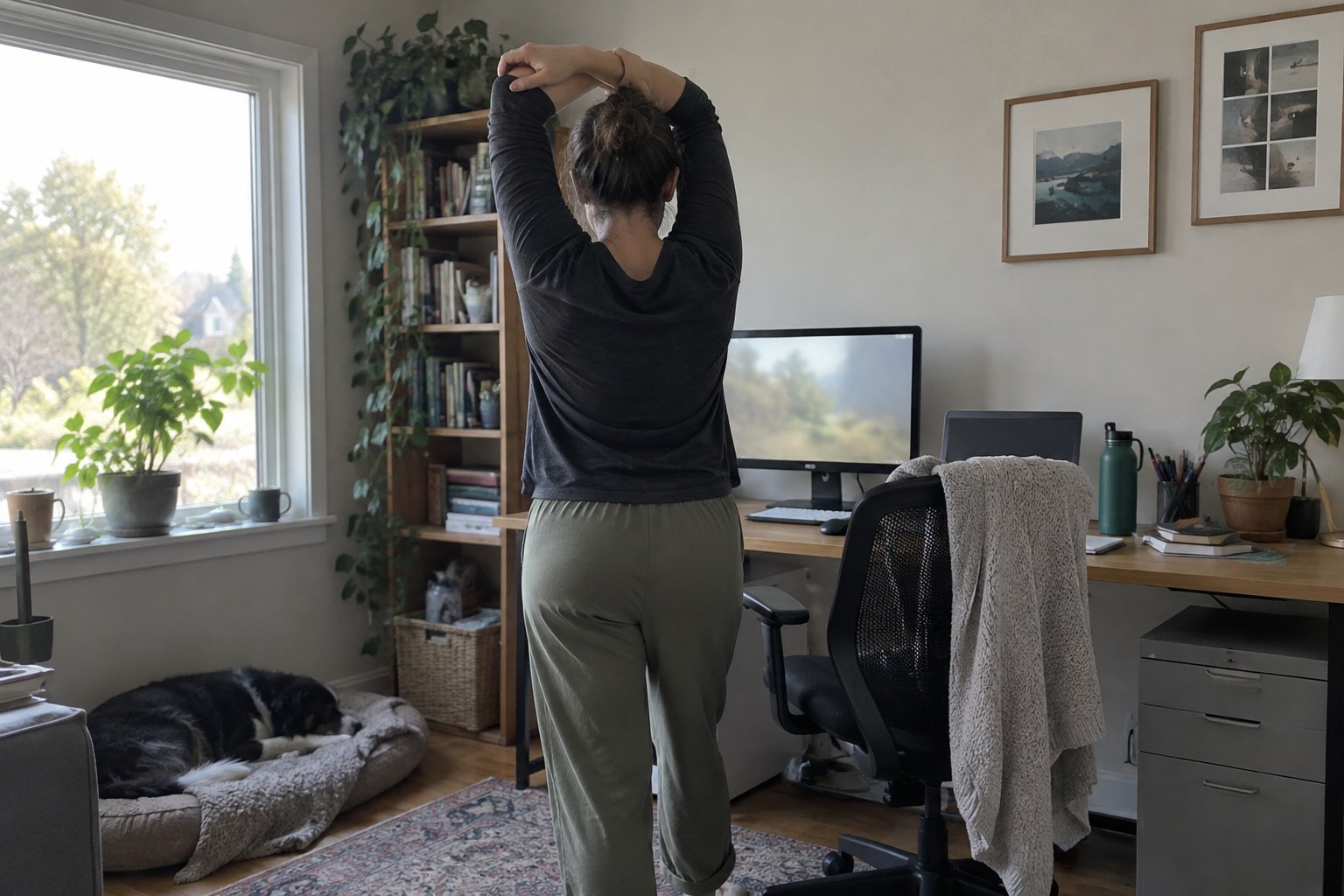 Adult stands beside a desk for a movement break.