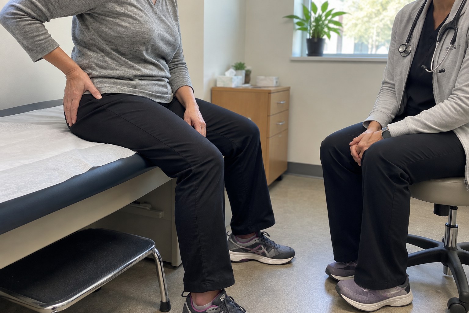 Clinician and patient discuss hip discomfort; patient indicates the outer hip.