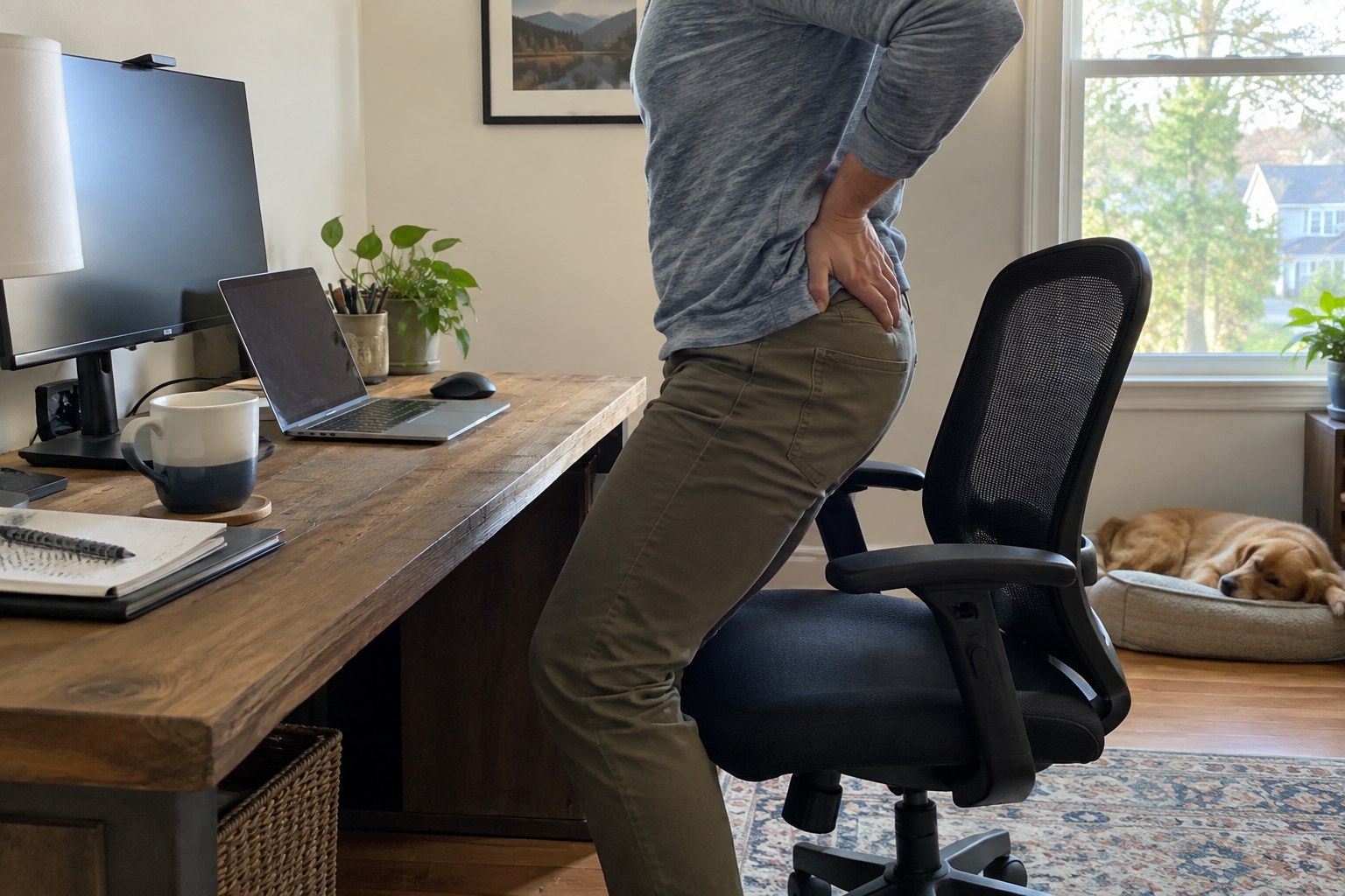 Adult rises from a desk chair after sitting.
