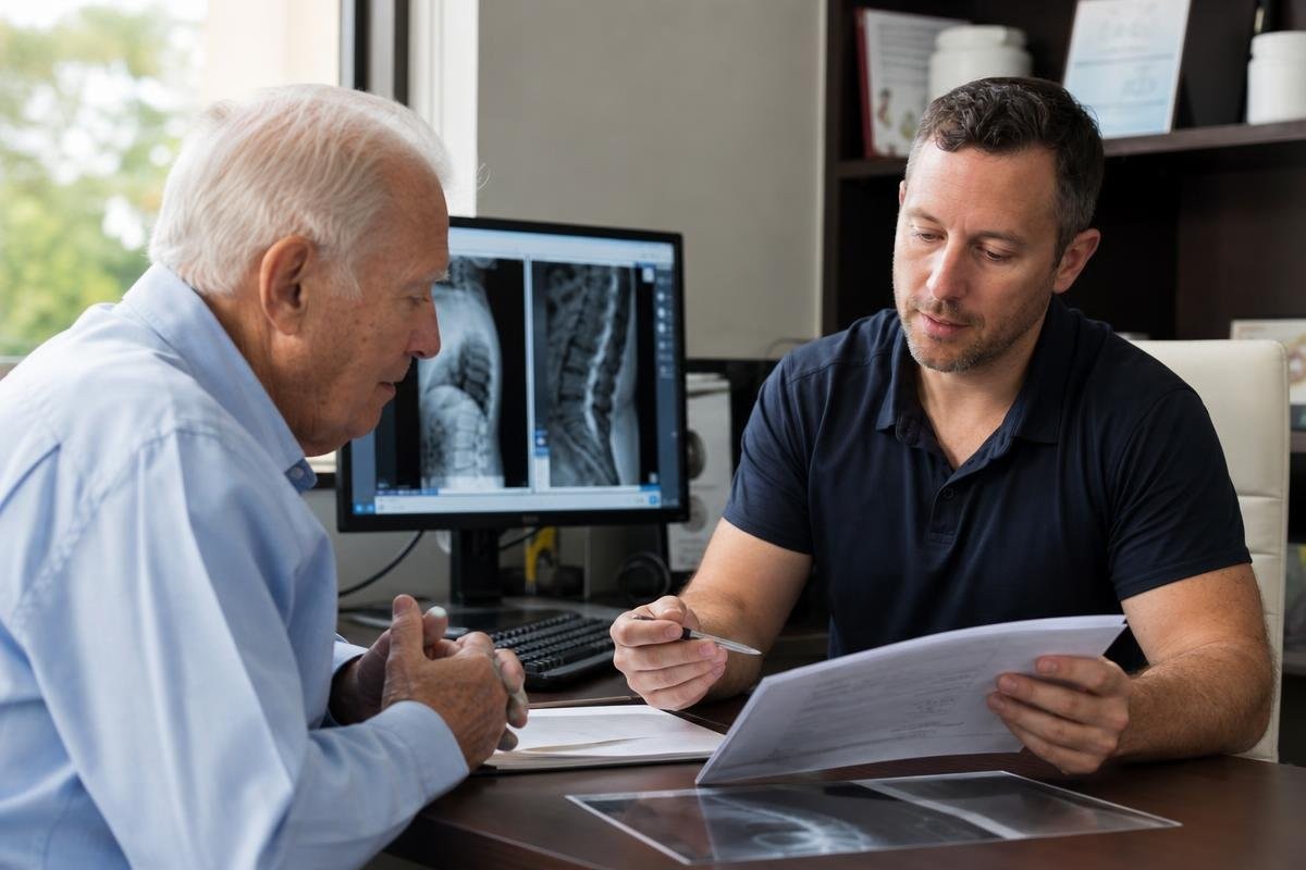Chiropractor reviewing medical documents with an elderly patient in an office setting