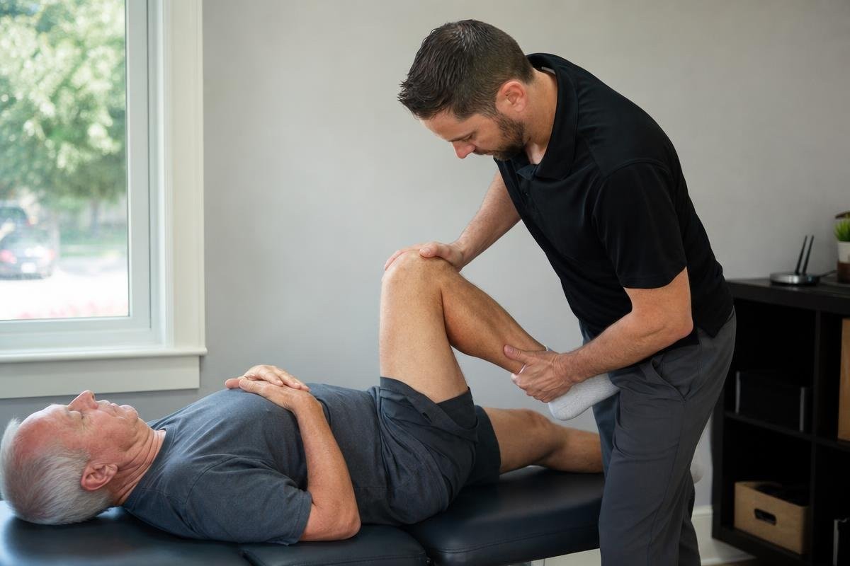 Chiropractor performing a leg adjustment on an older patient lying on a treatment table