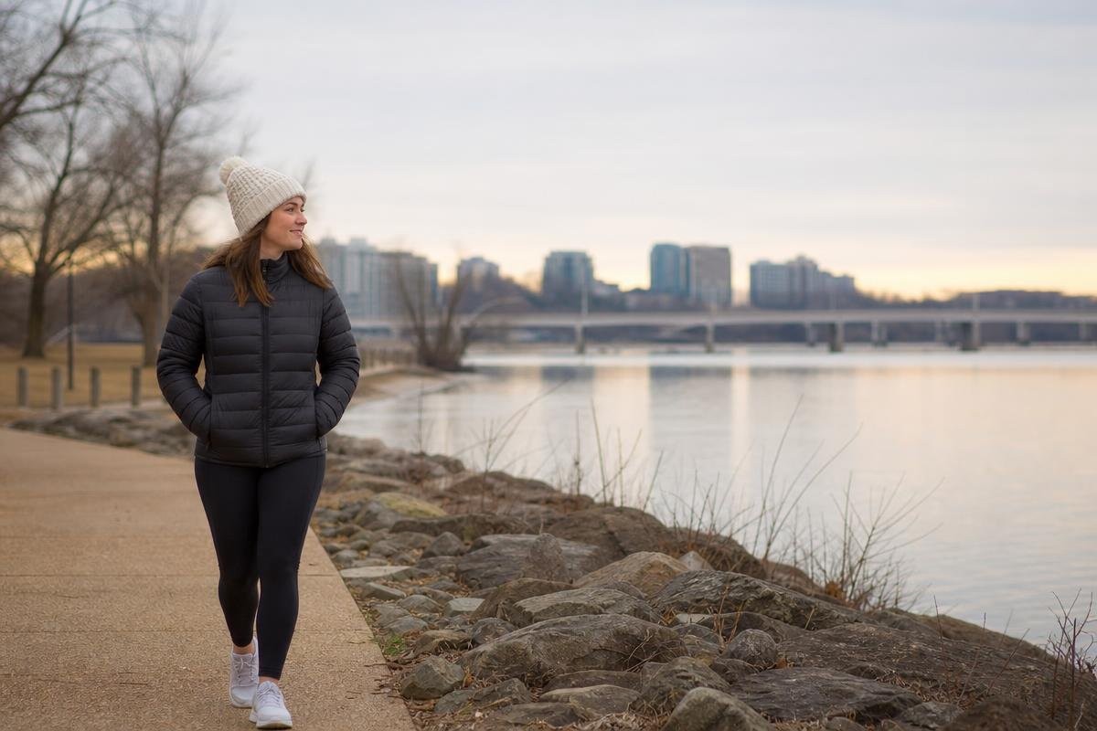 Woman walking along a path by a river at sunset with a city skyline in the background