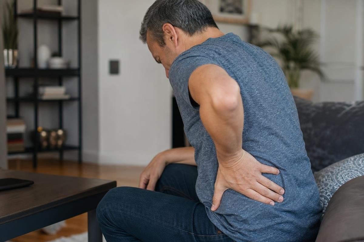 Man sitting on a couch holding his lower back in pain