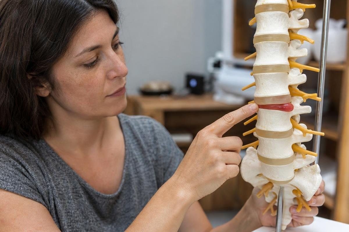 Woman pointing to a model of a human spine