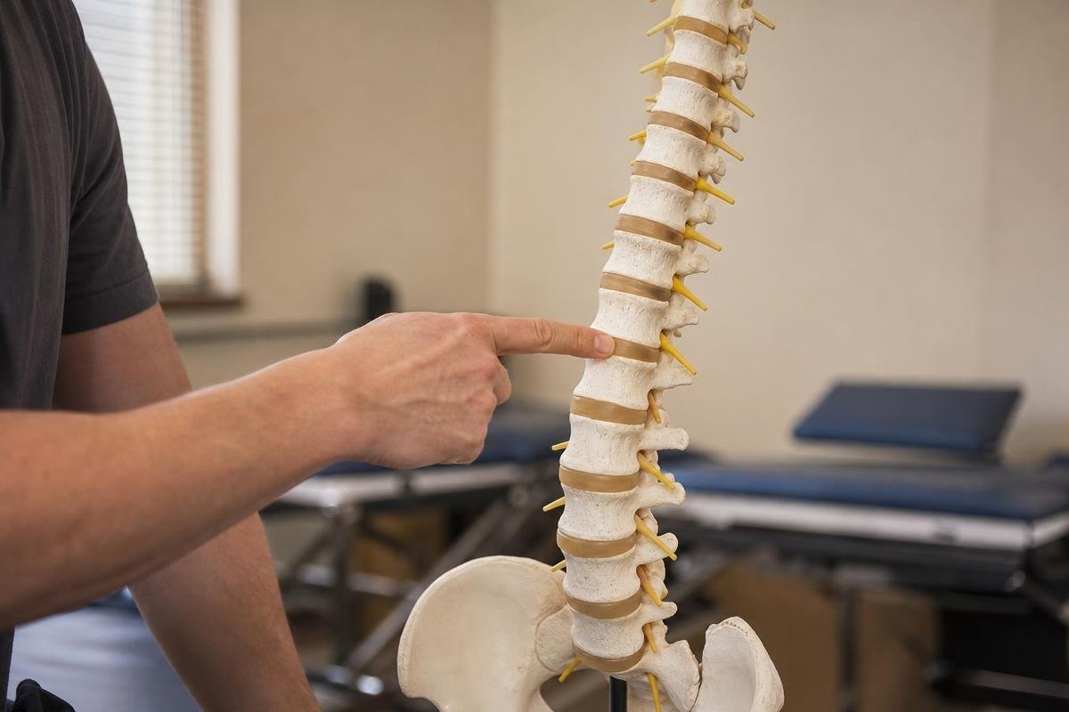 Person pointing to a model of a human spine