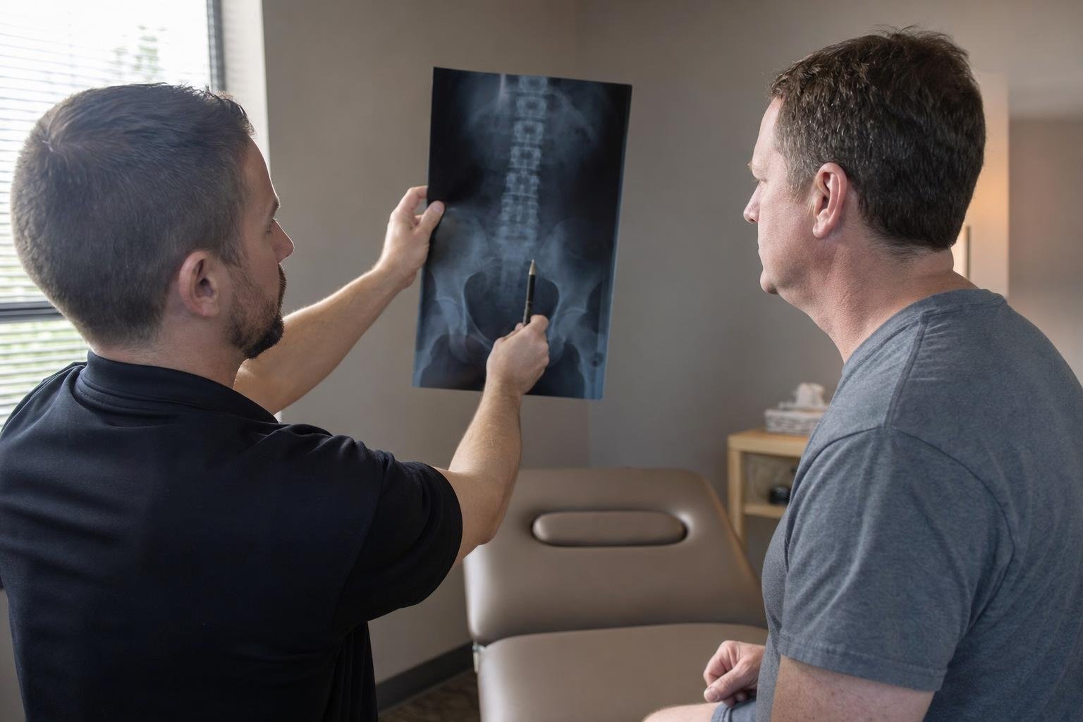 Back pain chiropractor Alexandria reviewing patient X-ray for root cause diagnosis