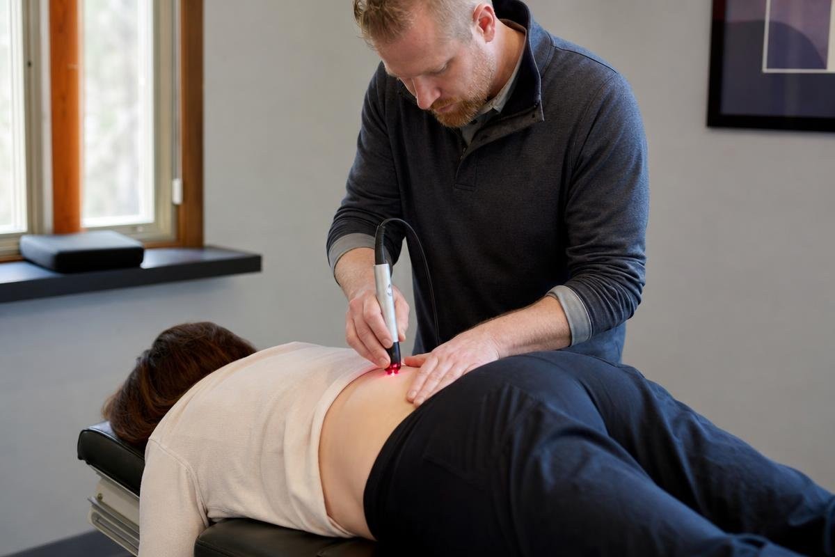 A practitioner uses a cold laser device on a patient's lower back