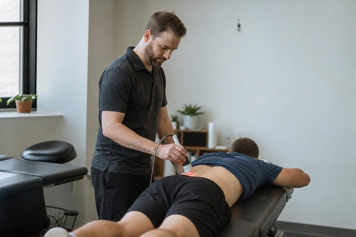 A chiropractor performing cold laser therapy on a patient's lower back