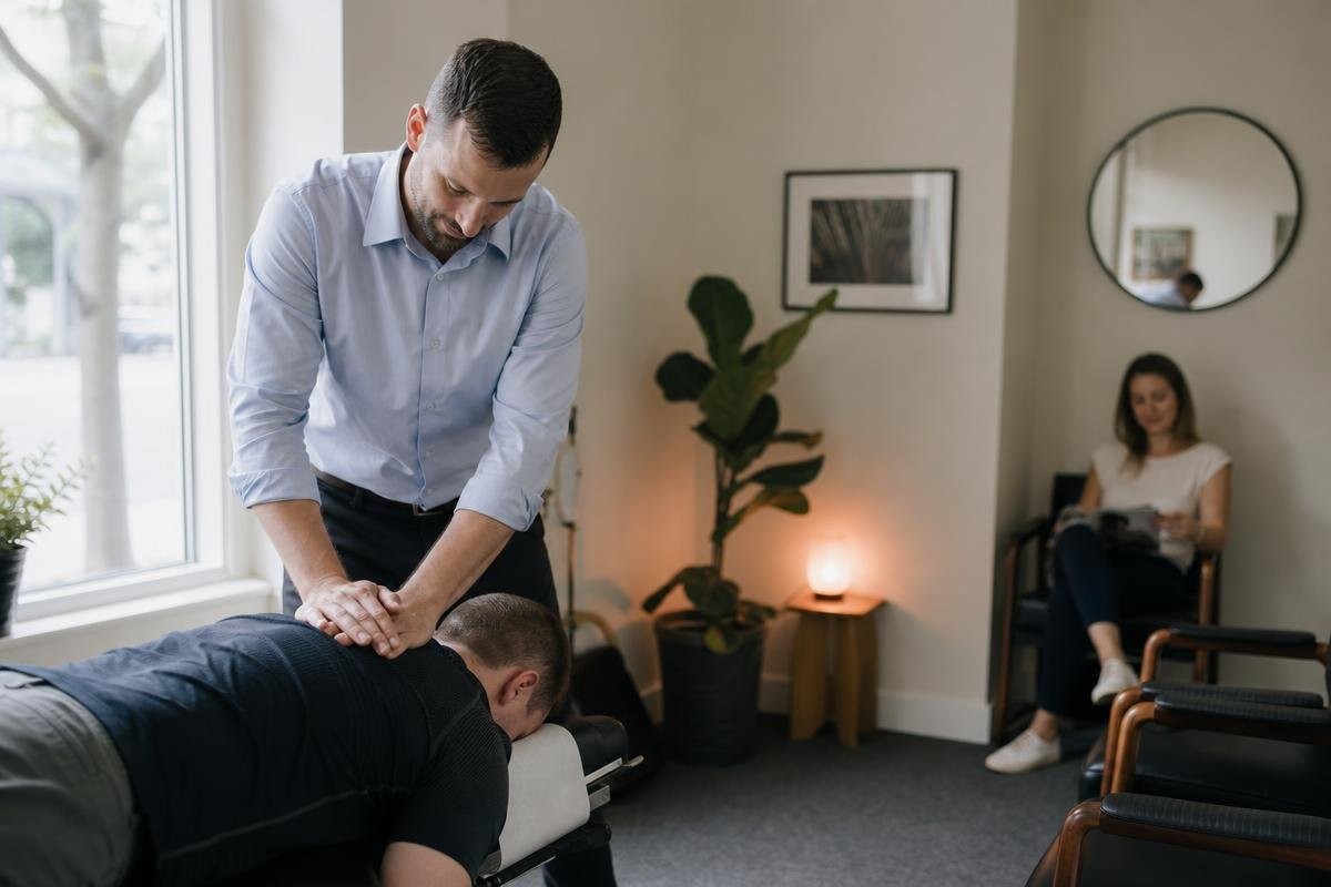 Alexandria chiropractor performing an adjustment on a patient in a clinic setting