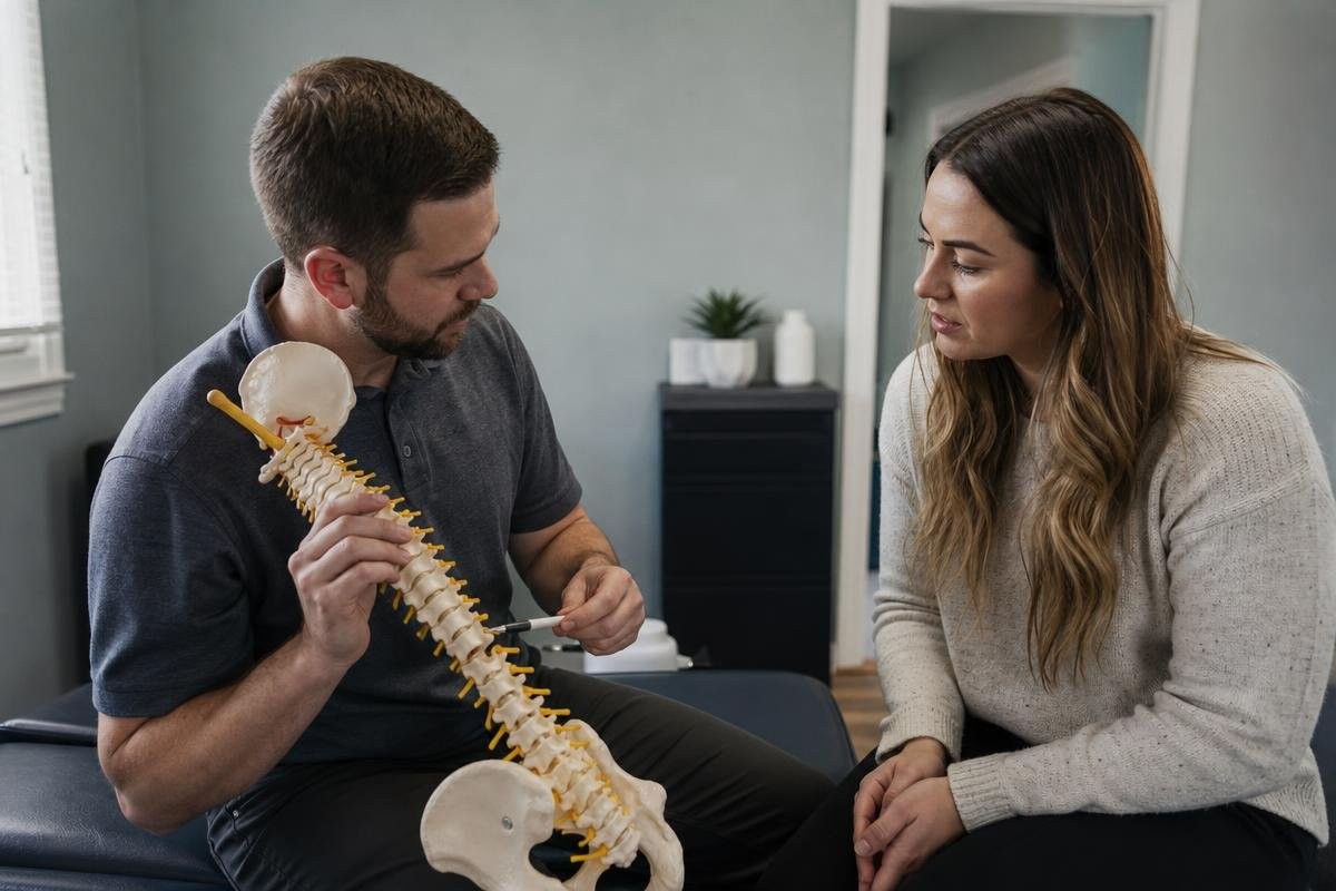 Healthcare provider explaining nerve compression on a spinal model