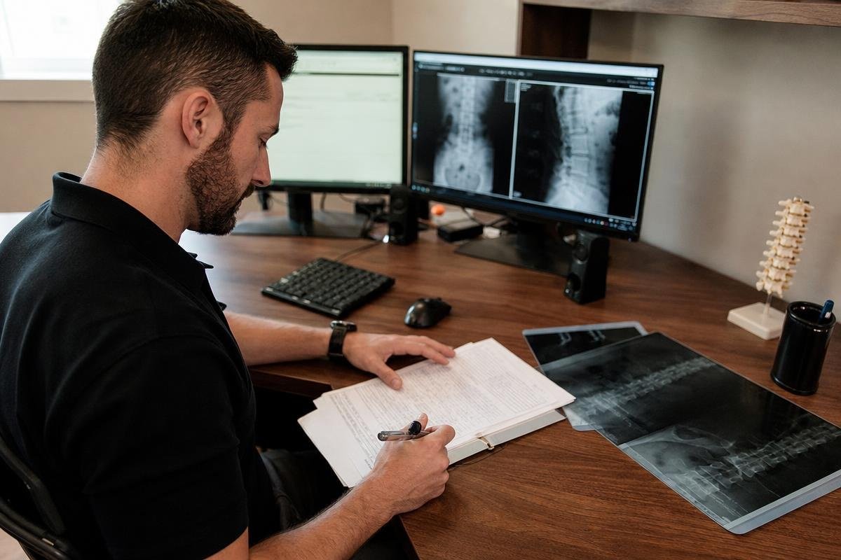 Chiropractor reviewing patient records and X-rays at a desk