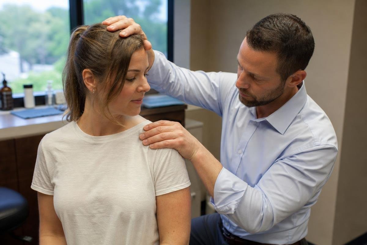 Physical therapist examining a patient's shoulder in a clinical setting