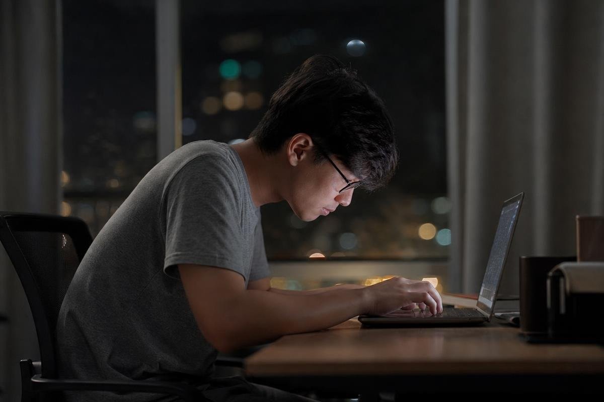 A person hunched over a laptop in a dark room