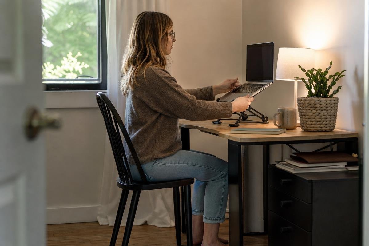 Person at a desk in a home office using a laptop on a stand to maintain good posture