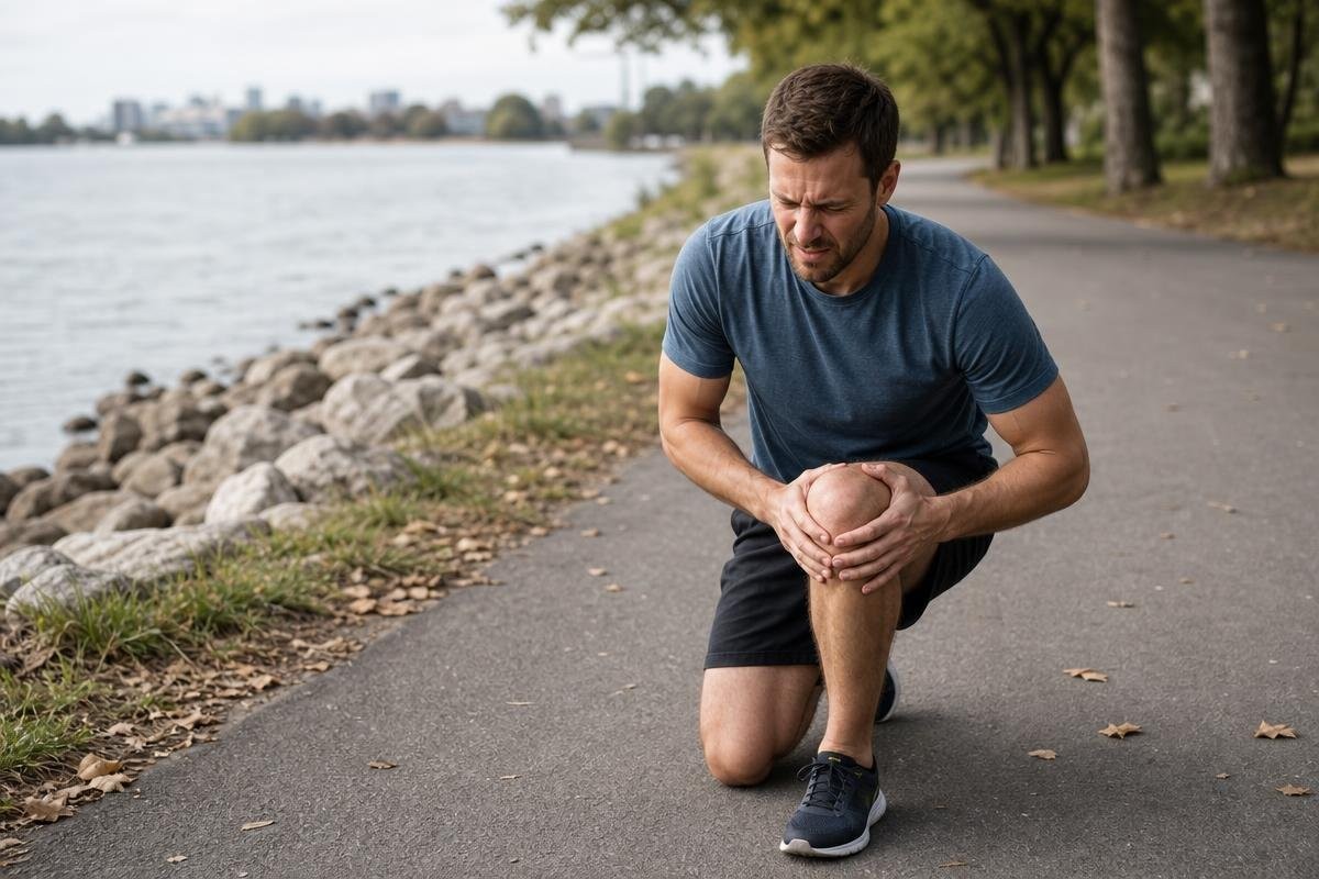 Runner kneeling on a path while holding his knee in pain