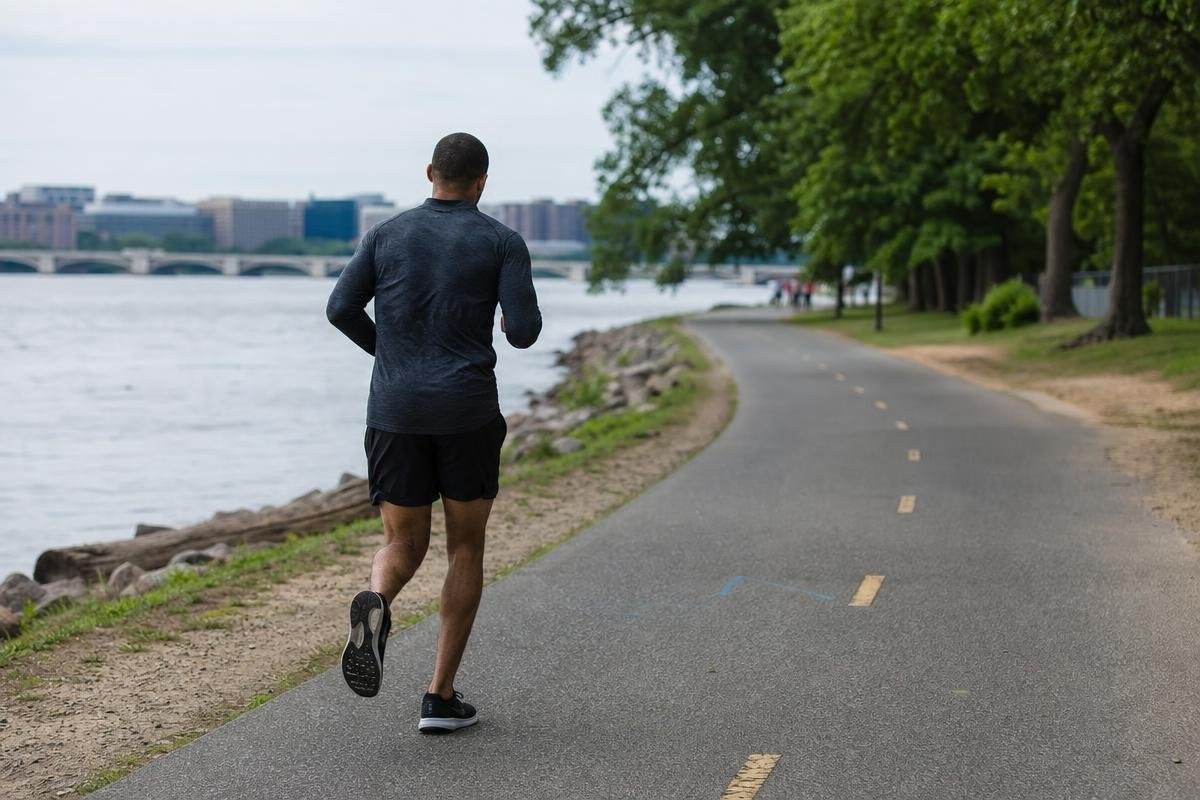 Runner jogging on a paved trail along the Potomac in Northern Virginia