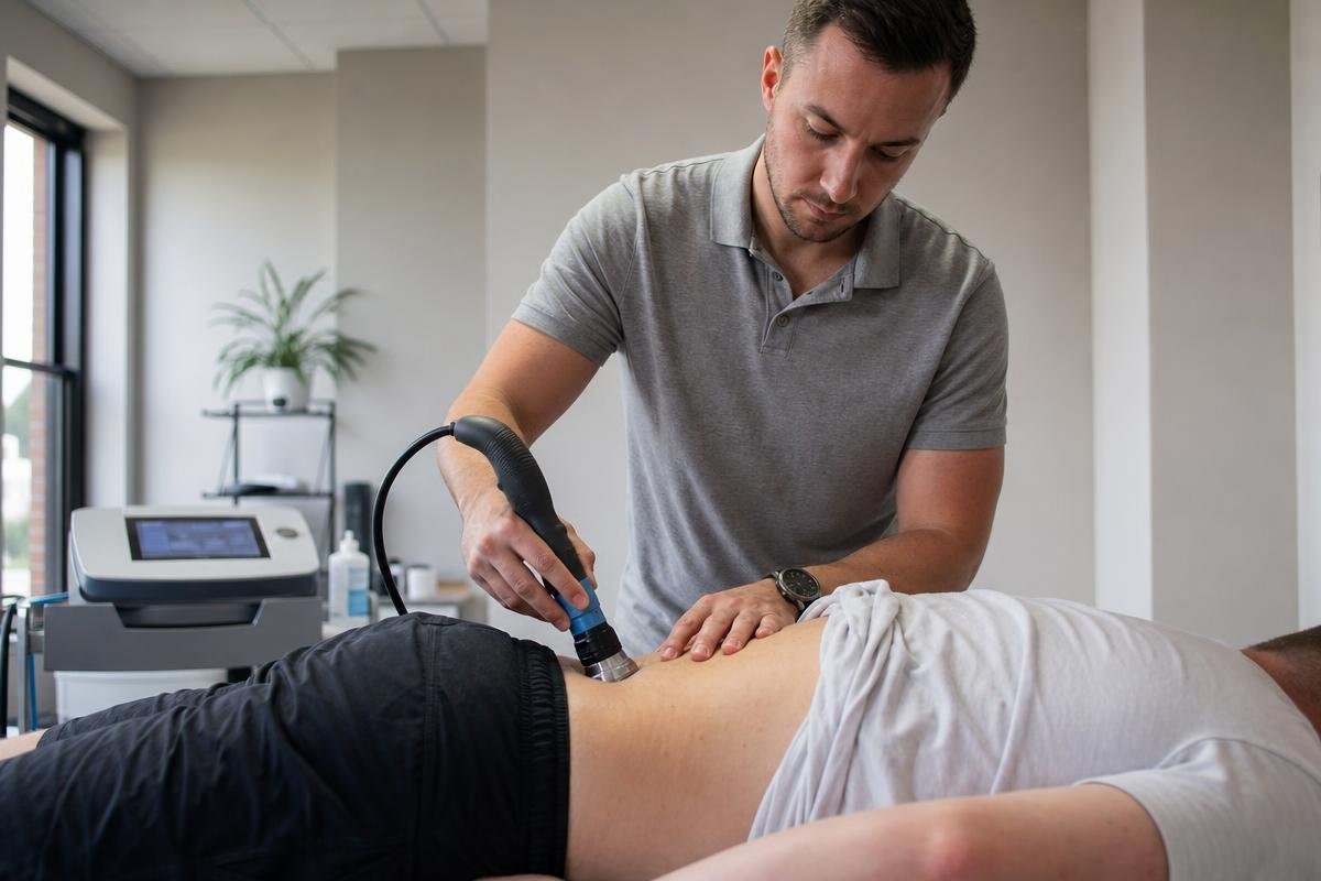 Chiropractor performing shockwave therapy on a patient's lower back