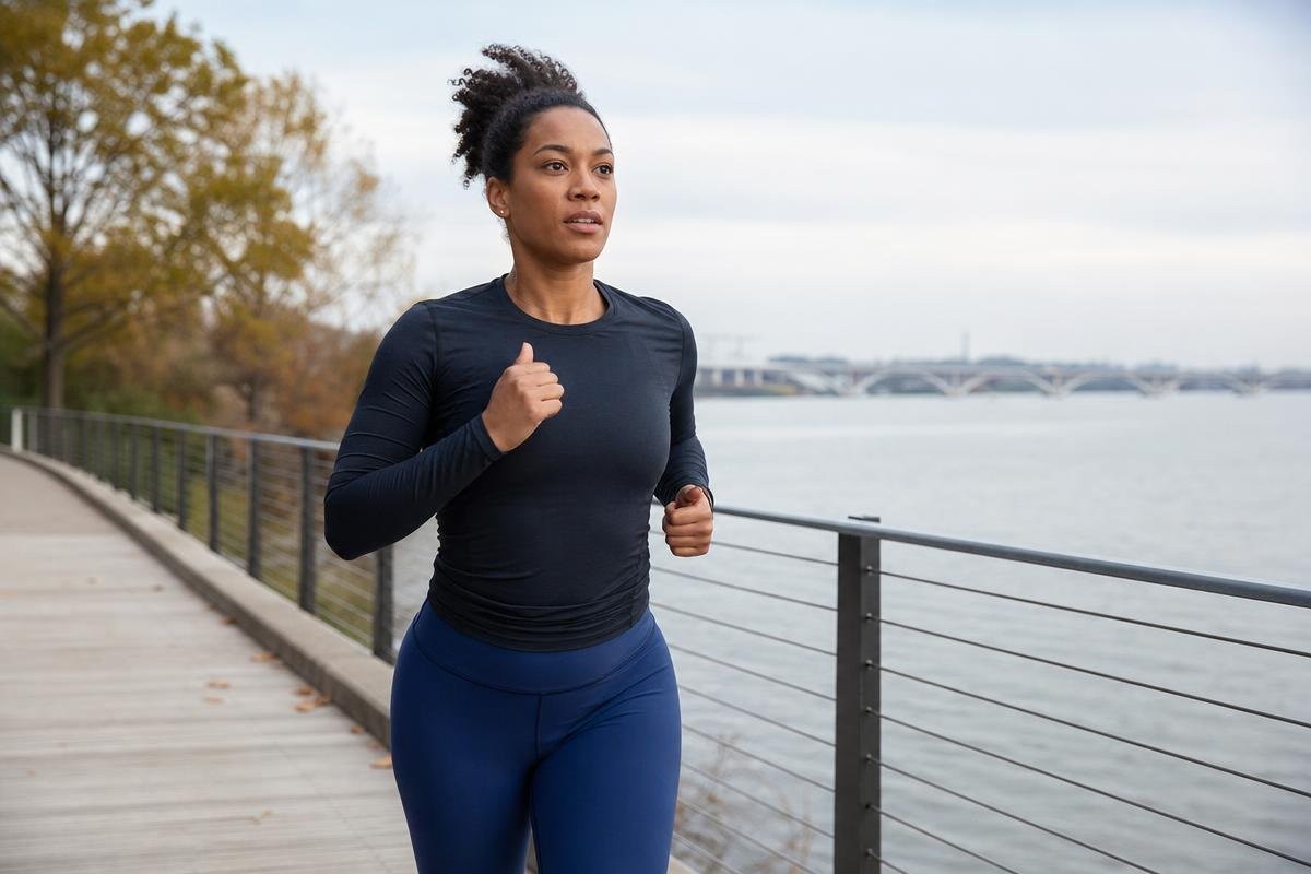 Woman jogging on a path by the water in Alexandria, VA