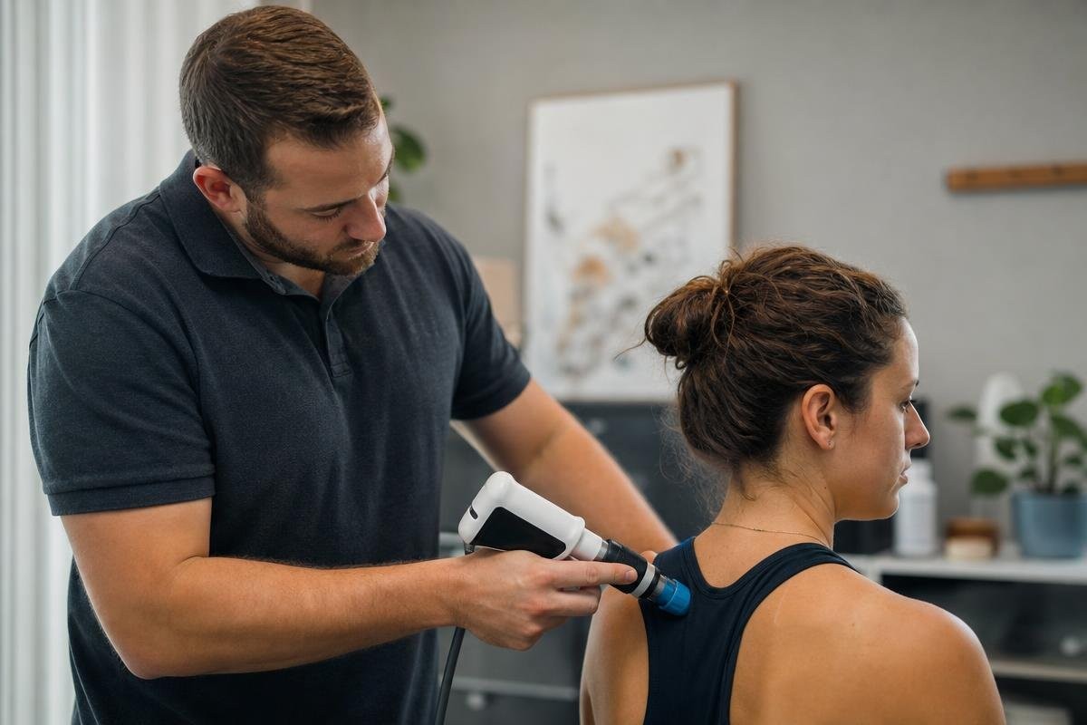 Practitioner using a handheld shockwave therapy device on a patient's shoulder