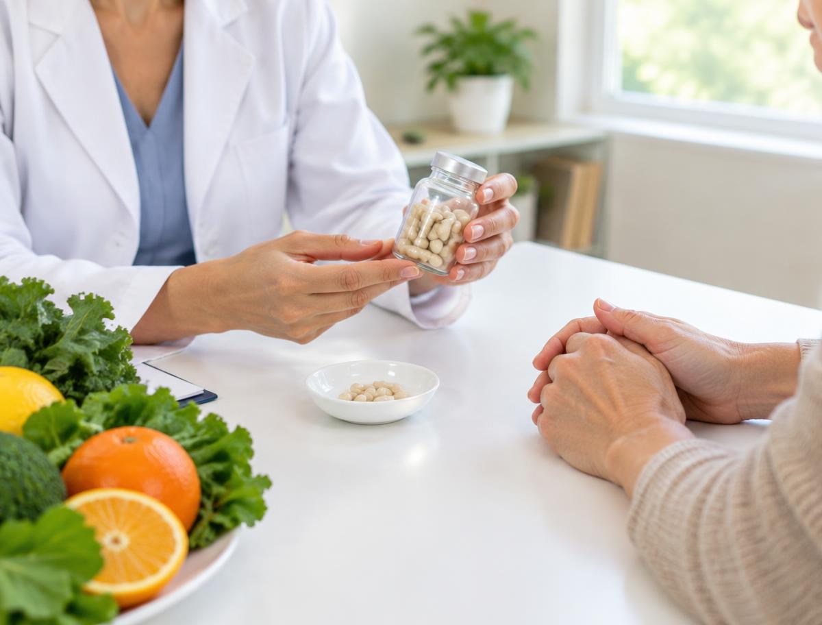 Illustrative photo of a clinician reviewing nutritional supplements with a patient